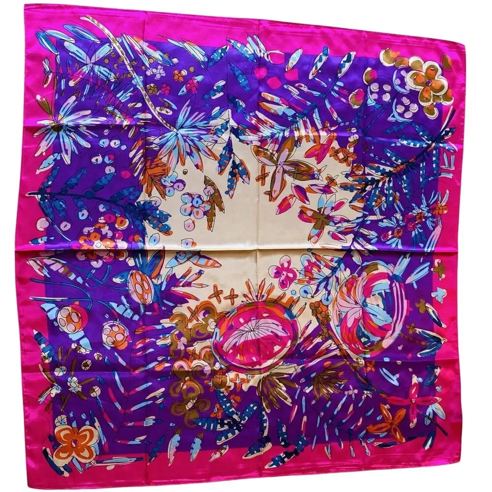 Silky Feel Scarf Satin Finish Bandana Pink & Blue Floral Modern Art 36” Square